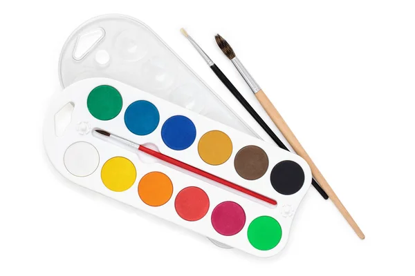 Watercolor Palate Paintbrushes Isolated White Background — Stock Photo, Image