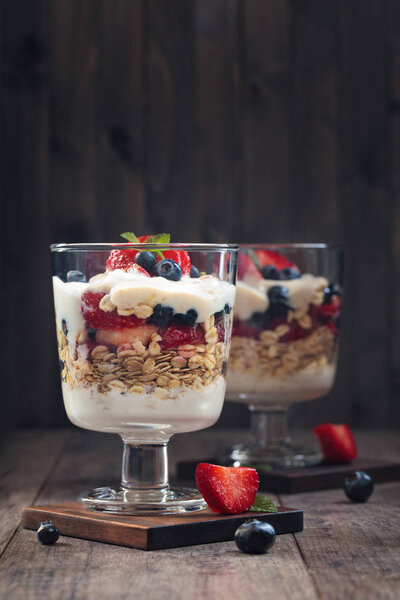 Yogurt parfait made with Greek yogurt, fresh berries and oats.