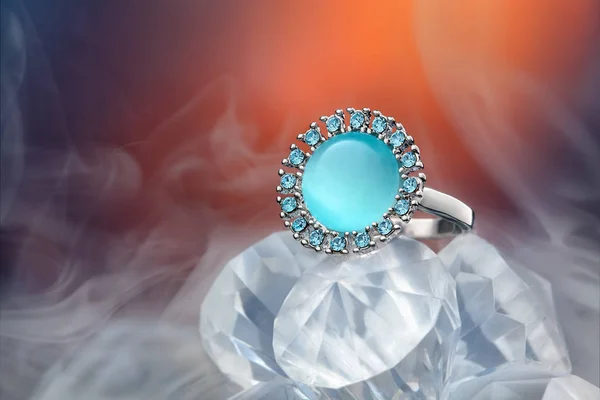 Closeup White Gold Ring Blue Gemstones — Stock Photo, Image