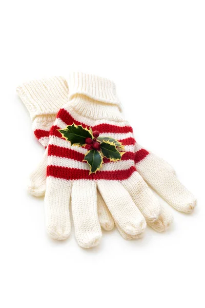 Schot Van Witte Rode Winter Handschoenen Geïsoleerd Witte Achtergrond — Stockfoto