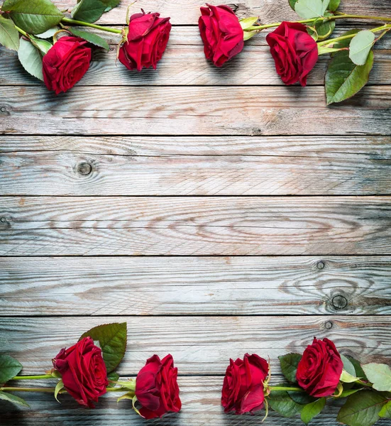 Frame Red Roses Wooden Rustic Background — Stock Photo, Image