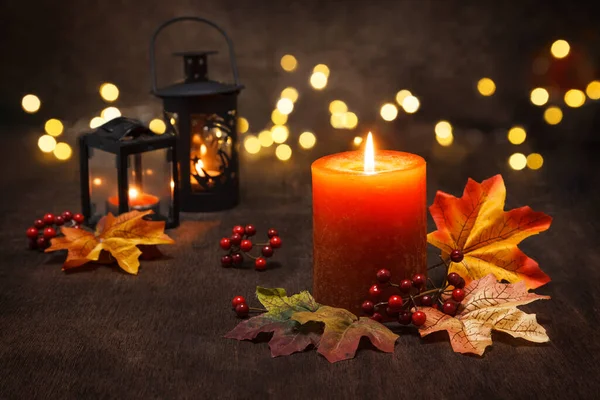 Lit Candles Autumn Leaves Fall Decoration — Stock Photo, Image