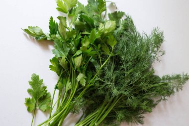 Beyaz arka planda taze dereotu ve maydanoz. Baharatlı sebzeler masada. Sağlıklı vejetaryen yemekleri.
