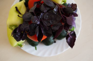 Taze domatesler, dilimlenmiş salatalıklar, dolmalık biber ve açık arkaplandaki beyaz tabakta fesleğen. Sebze çeşnisi. Salata için sağlıklı malzeme.