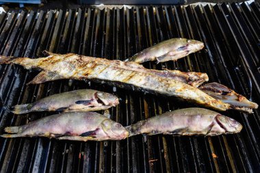Siyah metalik ızgara ya da barbeküde taze balık, bir sokak yiyecek pazarında satışta.