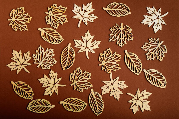 Different types of delicate light brown wooden leaves on textured cardboard, top view, flat lay with laser cut wooden objectives, with selective focus