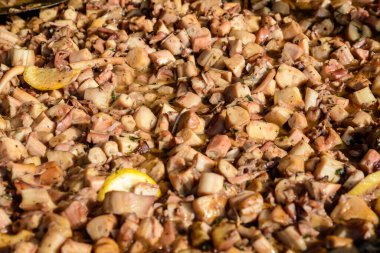 Bir sokak yemeği festivalinde domates ve krema soslu büyük bir grup pişirilmiş midye, deniz ürünleri yemeye hazır, güzel turuncu tek renkli arka plan.