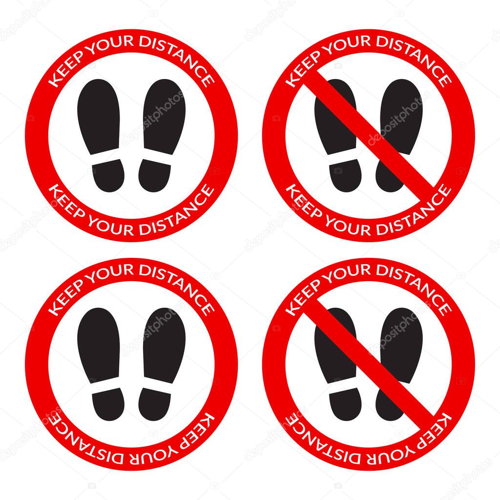 Keep your distance footprint sign sticker in round red frame for supermarket or shop. Social distancing icons set.