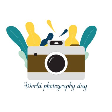 Dünya Fotoğraf Günü 19 Ağustos. Yapraklı kamera vektör illüstrasyonu