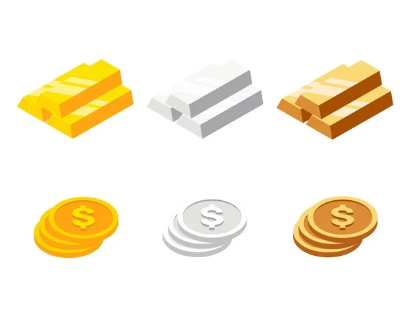 Συλλογή Από Μπάρες Και Νομίσματα Ισομετρικό Ύφος Χρυσές Αργυρές Και — Διανυσματικό Αρχείο