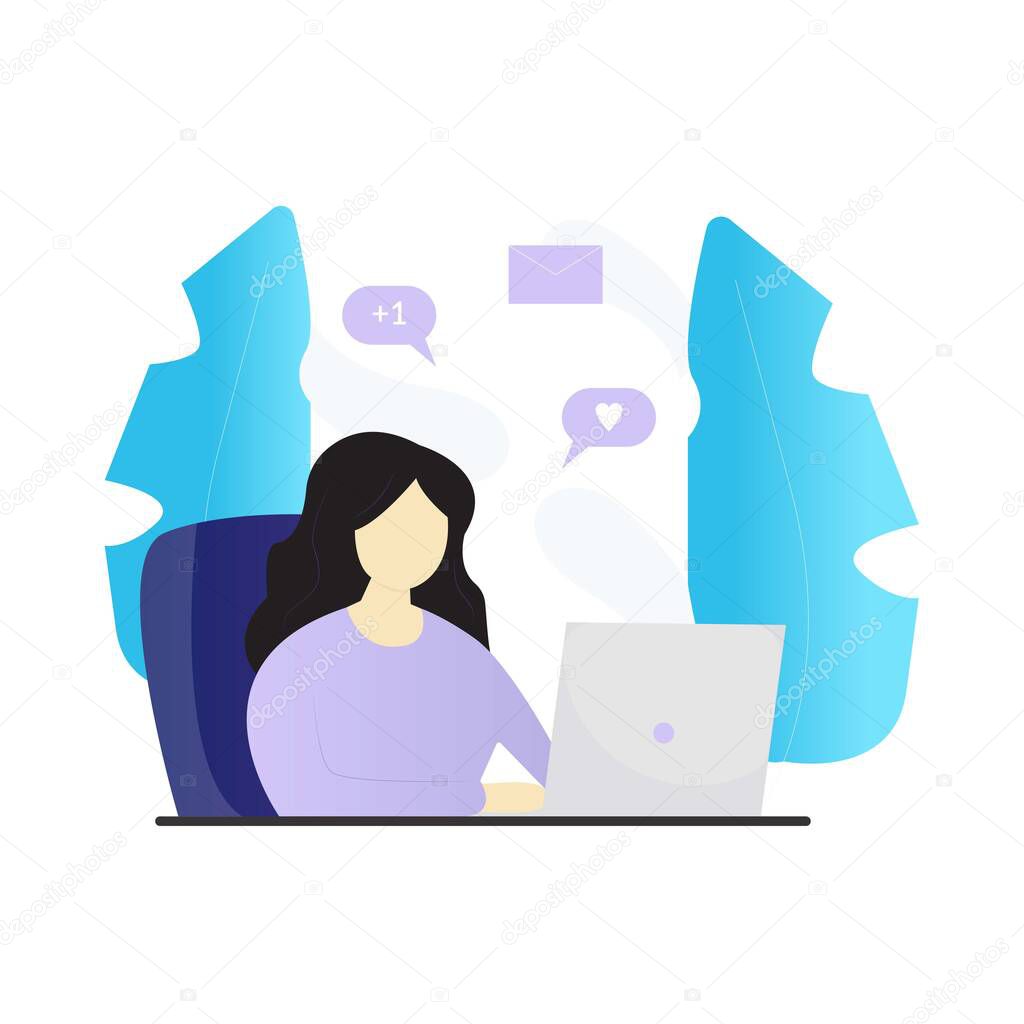 Women working on laptop. Freelancing business woman remote job. Modern office with message bubbles. Stay at home concept