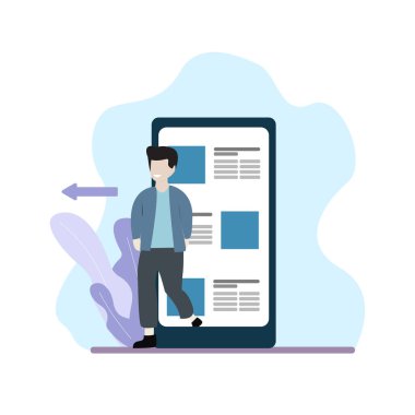 Dijital detoks konsepti. Bir adam cep telefonunun ekranından çıkıyor. Düz biçim vektör izole çizimi