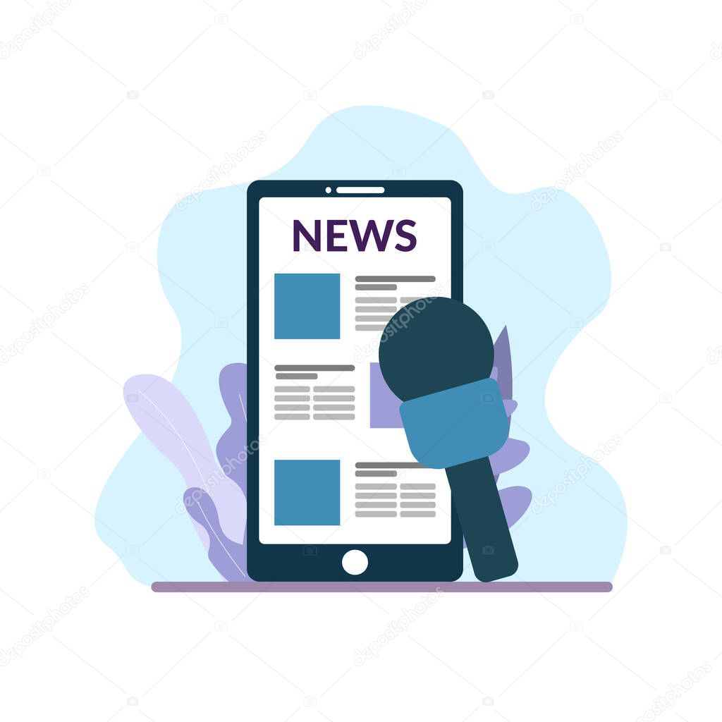 Online reading news. News on mobile phone and microphone for interview with decorations. Flat style illustration isolated on white background.
