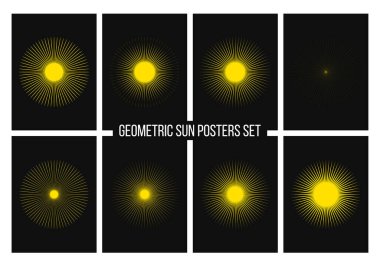 Geometrik güneş patlaması posterleri koleksiyonu. Güneş ışınları çerçevesi, farklı türde vektör resimlemelerinin ince ışınlarıyla ayarlanır.