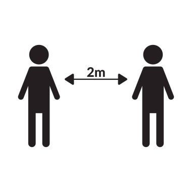 Sosyal mesafe işareti 2 metre. 2 kişi 2 metre mesafede kalıyor. İzole vektör illüstrasyonu