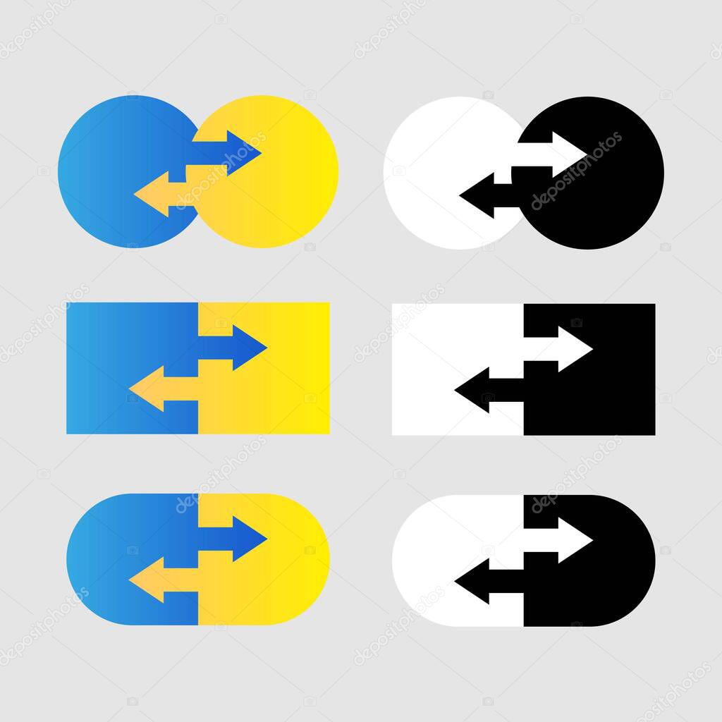 Data transfer logos conceps set. Two transfer arrows in oval, kube, capsule. Black and white and gradient transfer arrows icons
