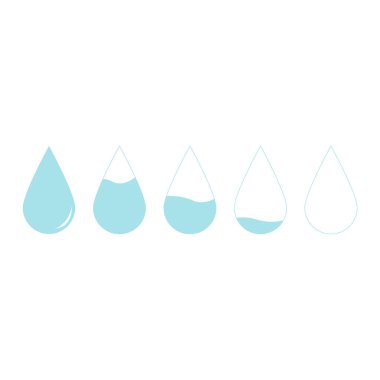 Paket tasarımı için su damlaları simgeleri ayarlandı. Tam, çeyrek, yarı yarıya ve boş damlalar vektör tasarımı