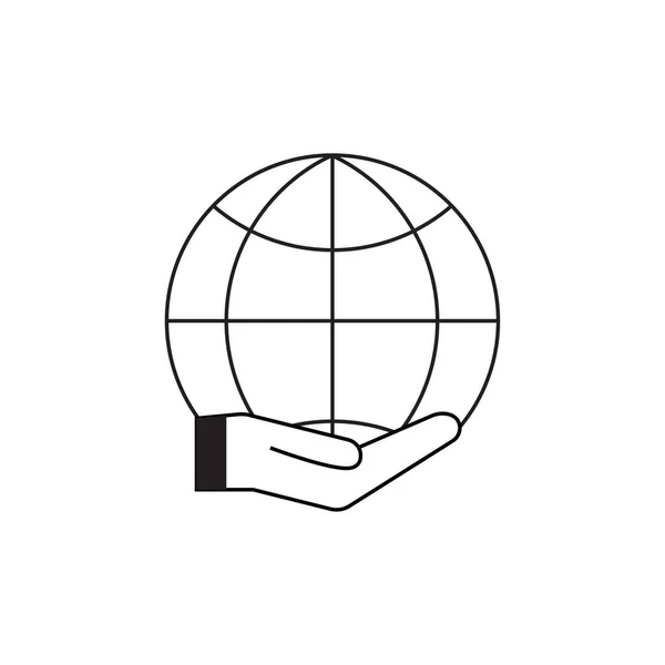 Icona del pianeta mondiale a portata di mano. Simbolo globo e palmo della mano, homepage, segno in stile illustrazione contorno — Vettoriale Stock