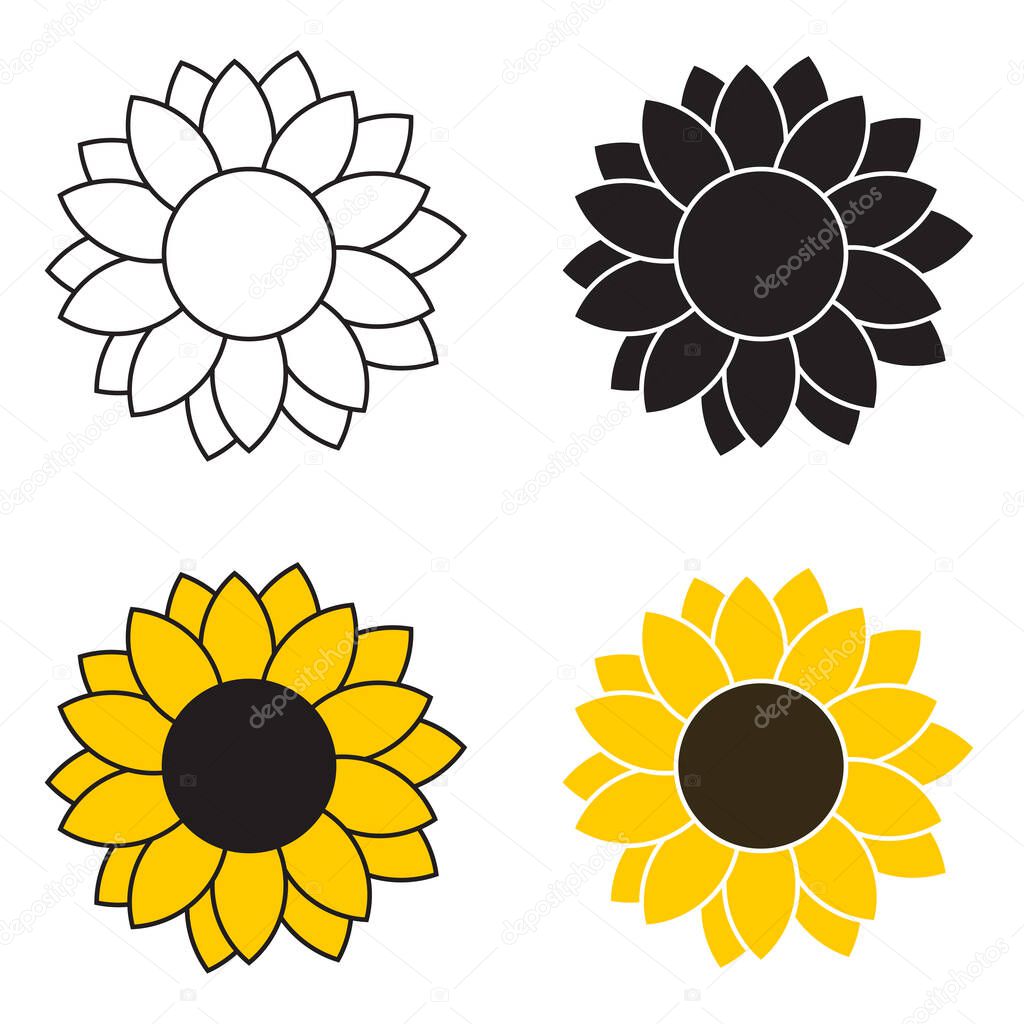Sunflower cartoon icons set in different styles for cutting. Collection cartoon vector sunflowers