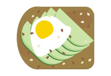 Kavrulmuş yumurta illüstrasyonlu avokado tostu. Avokado yarım kızarmış ekmek, susamlı vegan sandviç.