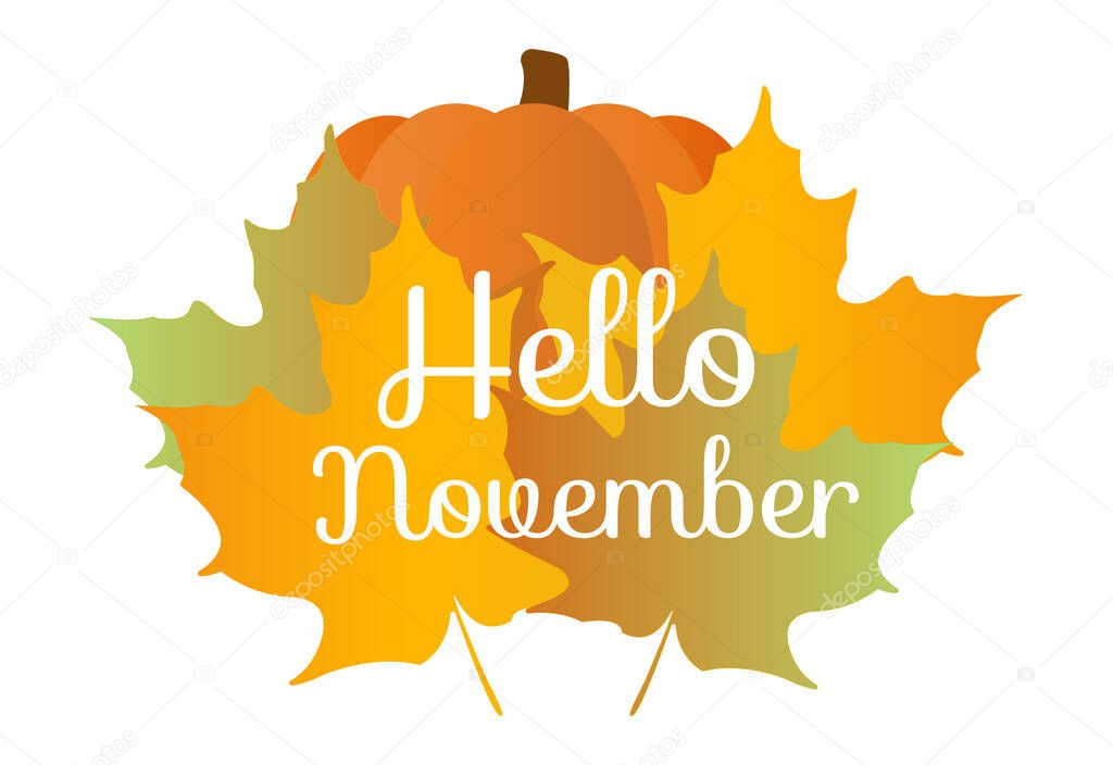 Hello November quote with orange maple leafes and pumpkin