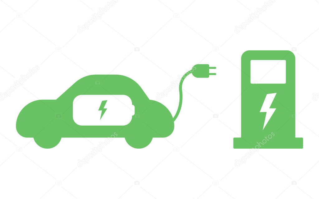 Electrical charging station sign. Electric car refueling icon symbol. Green hybrid vehicles charging point isolated