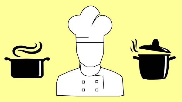 黄色の背景にフライパンのある料理人のイラスト3D — ストック写真