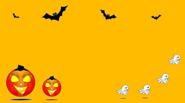 Cadılar Bayramı 'nın turuncu arka planında balkabakları, yarasalar ve hayaletler var.