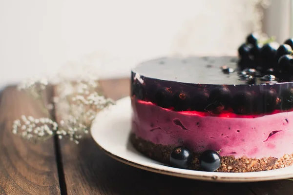 Cheesecake Mousse Cake Black Currant Delicious Cake Berries Wooden Table — Stock Photo, Image