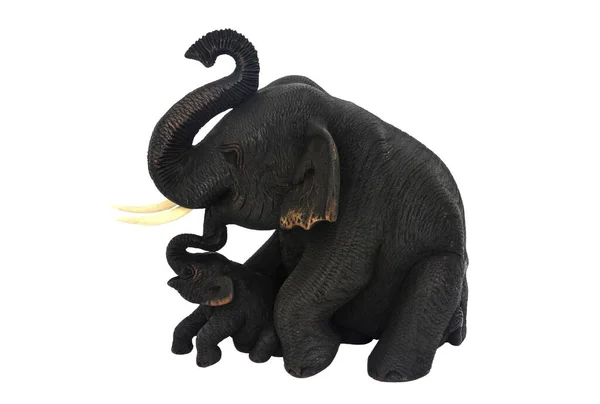 Handcraft Teak Wood Baby Elephant Mother Sculpture Isolated White Background — Stock Photo, Image