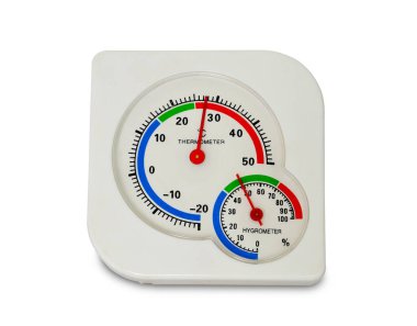 Beyaz arka planda izole edilmiş beyaz plastik analog termometre ve higrometreyi kapatın. kırpma yolu