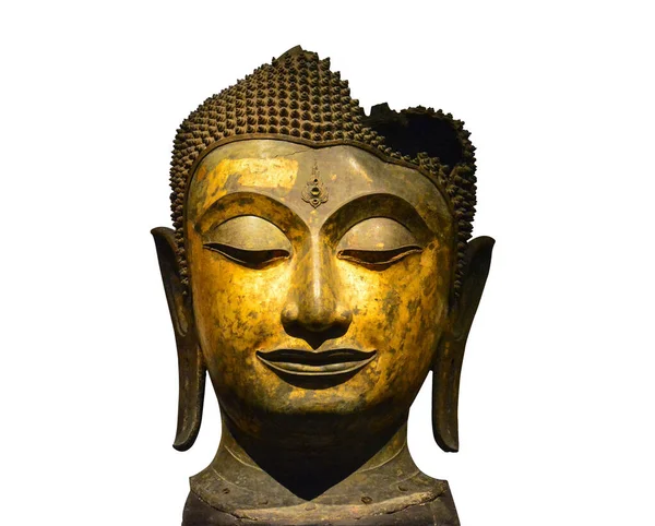 Camino Recorte Primer Plano Bronce Antiguo Roto Buda Cara Aislada —  Fotos de Stock