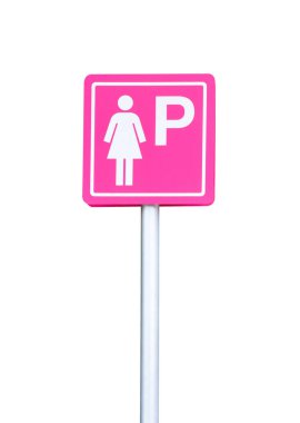 Kırpma yolu, beyaz arka planda izole edilmiş pembe bayanların park işareti.