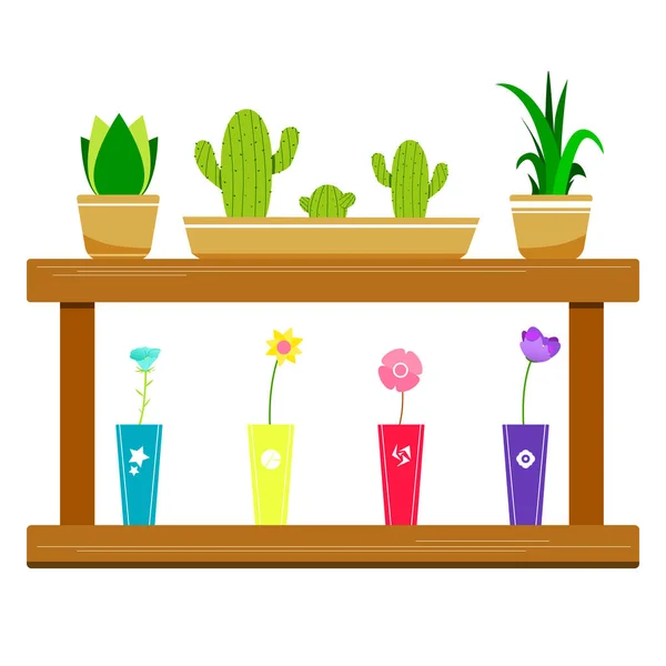 Plantenplank Verschillende Soorten Planten Een Cactus Bloemenrek Vectorillustratie — Stockvector