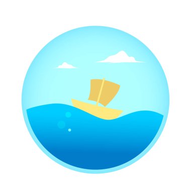 Mavi yuvarlak kristalin içinde denizde bir tekne. vektör illüstrasyonu