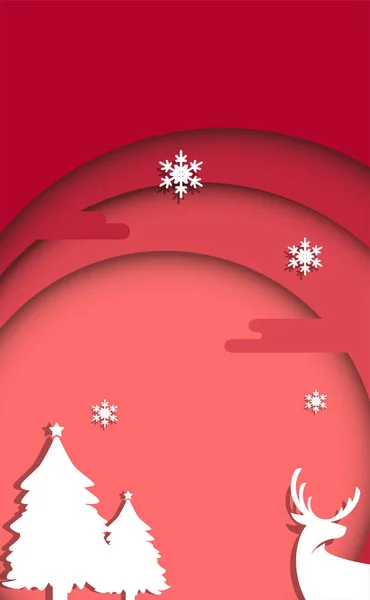 Рождественская Открытка Поздравительная Открытка Красный Круглый Орнамент Снежинкой Елкой Оленем — стоковый вектор