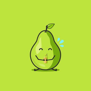 Komik armut karakteri. Vektör düz armut çizgi film karakteri meyve suyu içer. Yeşil arka planda izole edilmiş. Armut meyvesi kavramı
