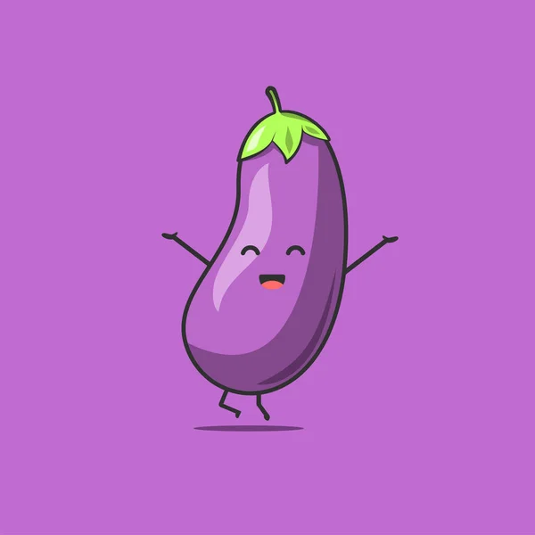 面白いかわいいナスの文字 ベクトルフラットナス漫画のキャラクター幸せとジャンプ感じている 紫色の背景に隔離されました ナスの果実の概念 — ストックベクタ