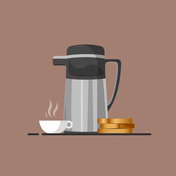 Серый Металлический Термос Чашка Горячего Напитка Немного Хлеба Пора Завтракать — стоковый вектор