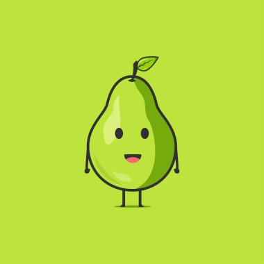 Komik armut karakteri. Vektör düz armut çizgi film karakteri. Yeşil arka planda izole edilmiş. Armut meyvesi kavramı