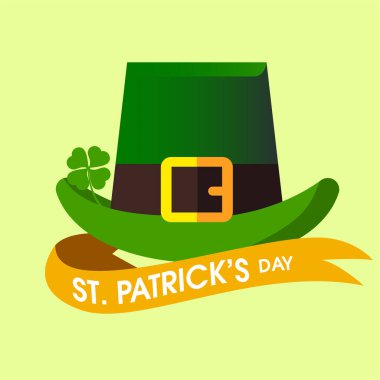 Aziz Patrick Günü posteri. Leprikon 'un şapka ve yonca tasarım elementleri ve dilek harfleri. Vektör illüstrasyonu