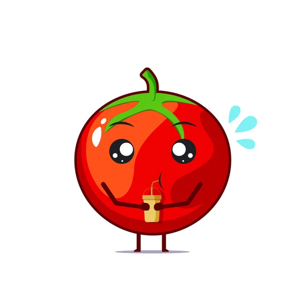 Carino Personaggio Pomodoro Avuto Sete Isolato Sfondo Bianco Illustrazione Emoticon — Vettoriale Stock