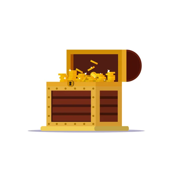 Caja Del Tesoro Llena Pila Moneda Oro Ilustración Plana Vectorial — Vector de stock