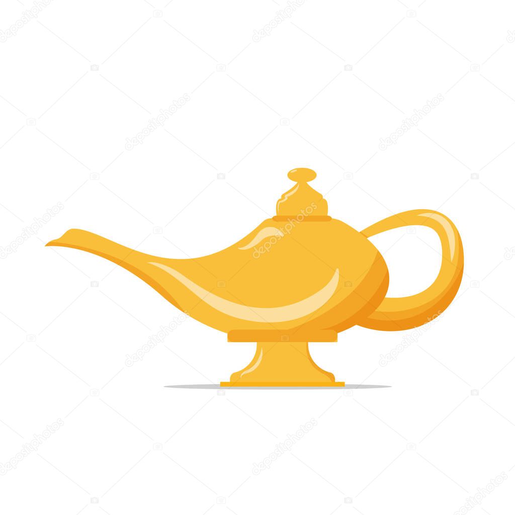 Illustration of gold genie lamp. Flat vector illustration isolated on white background