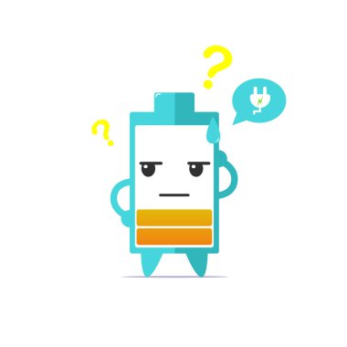 Şarj aletinin beyaz arka planda izole edilmesinden dolayı sevimli pil ömrü karakterinin kafası karışmış. Pil ömrü karakter simgesi çizimi