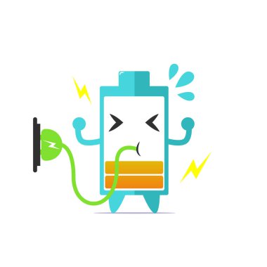 Beyaz arka planda güç yüklü şirin bir pil karakteri var. Pil ömrü karakter simgesi çizimi