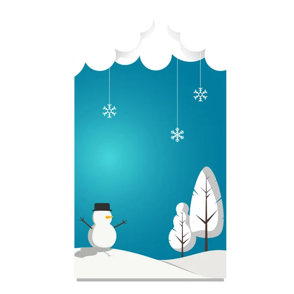 Рождественские Открытки Изображением Снеговика Снежинки Деревьев Белого Облака Рождество — стоковый вектор
