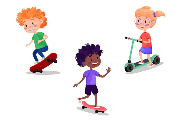 Conjunto Vectorial Niños Felices Montando Patines Rodillos Scooter Bicicleta Vacaciones — Archivo Imágenes Vectoriales