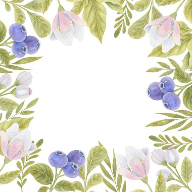 Yaban mersini, çiçek ve yapraklı suluboya çerçeve. Metin için alanı olan parlak illüstrasyon.