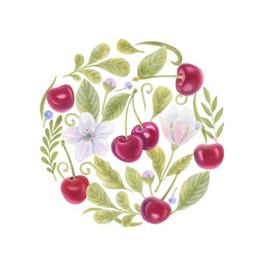 Kirazlı, çiçekli ve yapraklı suluboya çerçeve. Işık arkaplanındaki parlak illüstrasyon.